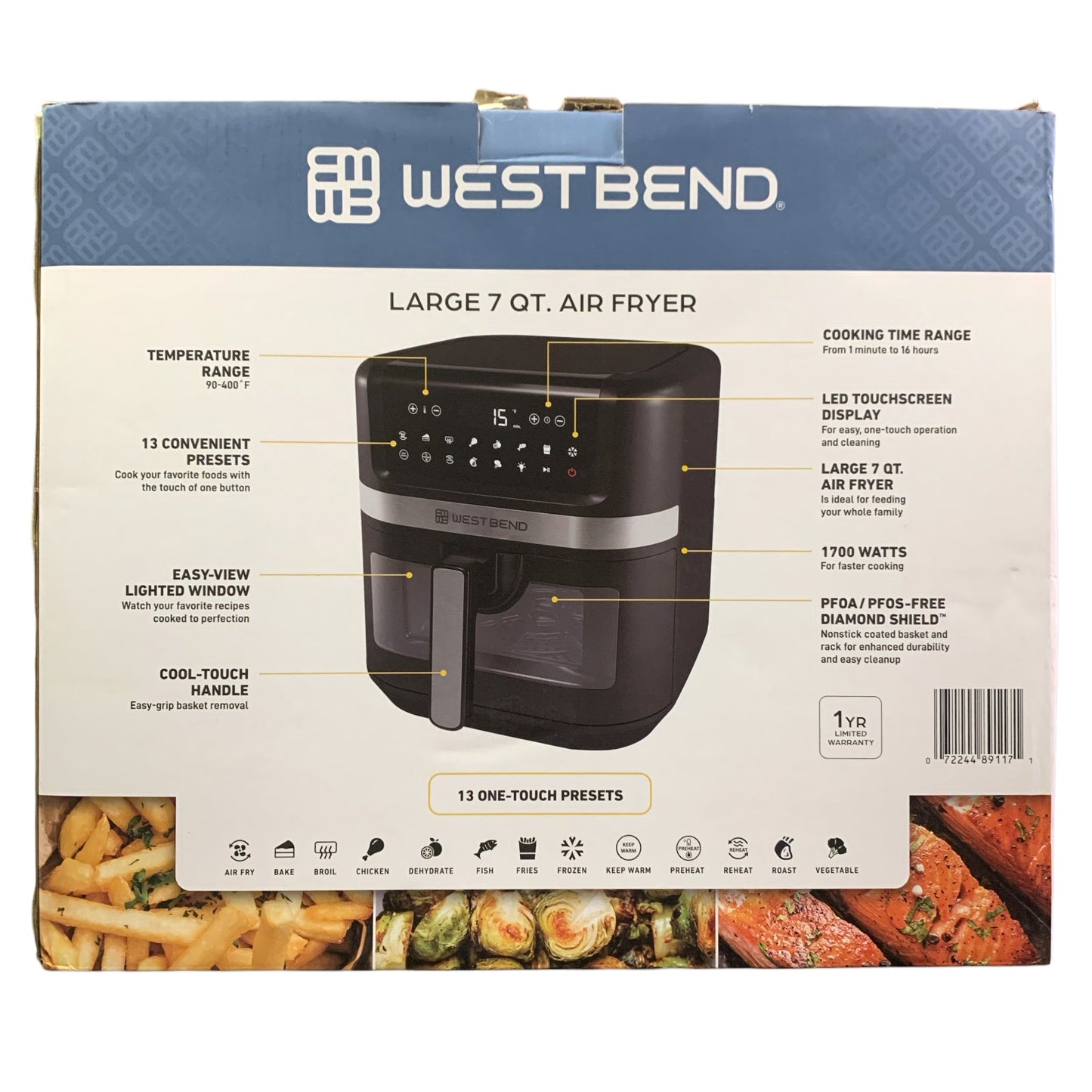 West Bend 7 Quart Air Fryer, 1700 Watt, Easy-View Window, 13 One-Touch Presets