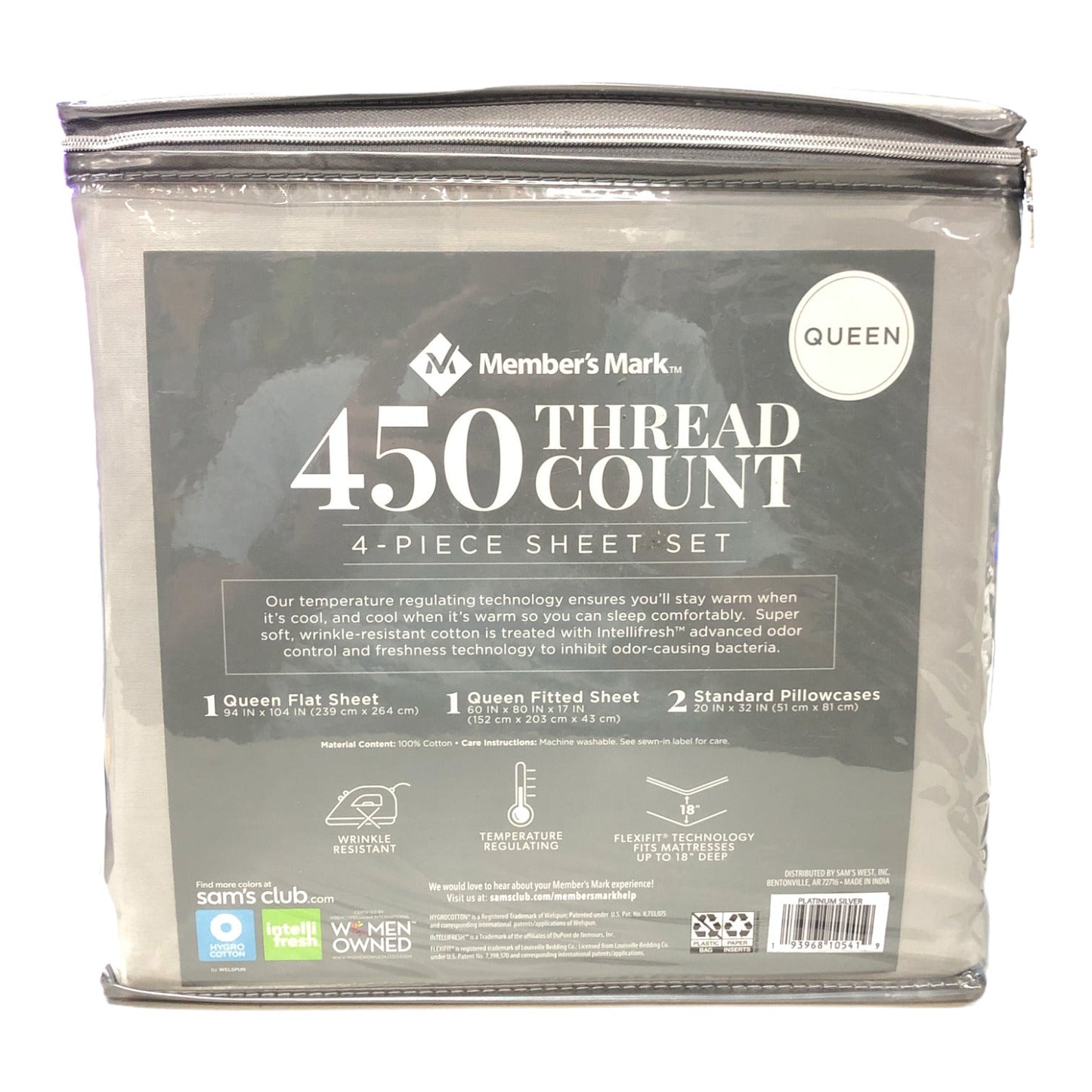 Member's Mark 450-Thread Count Sheet Set Platinum Silver, Queen