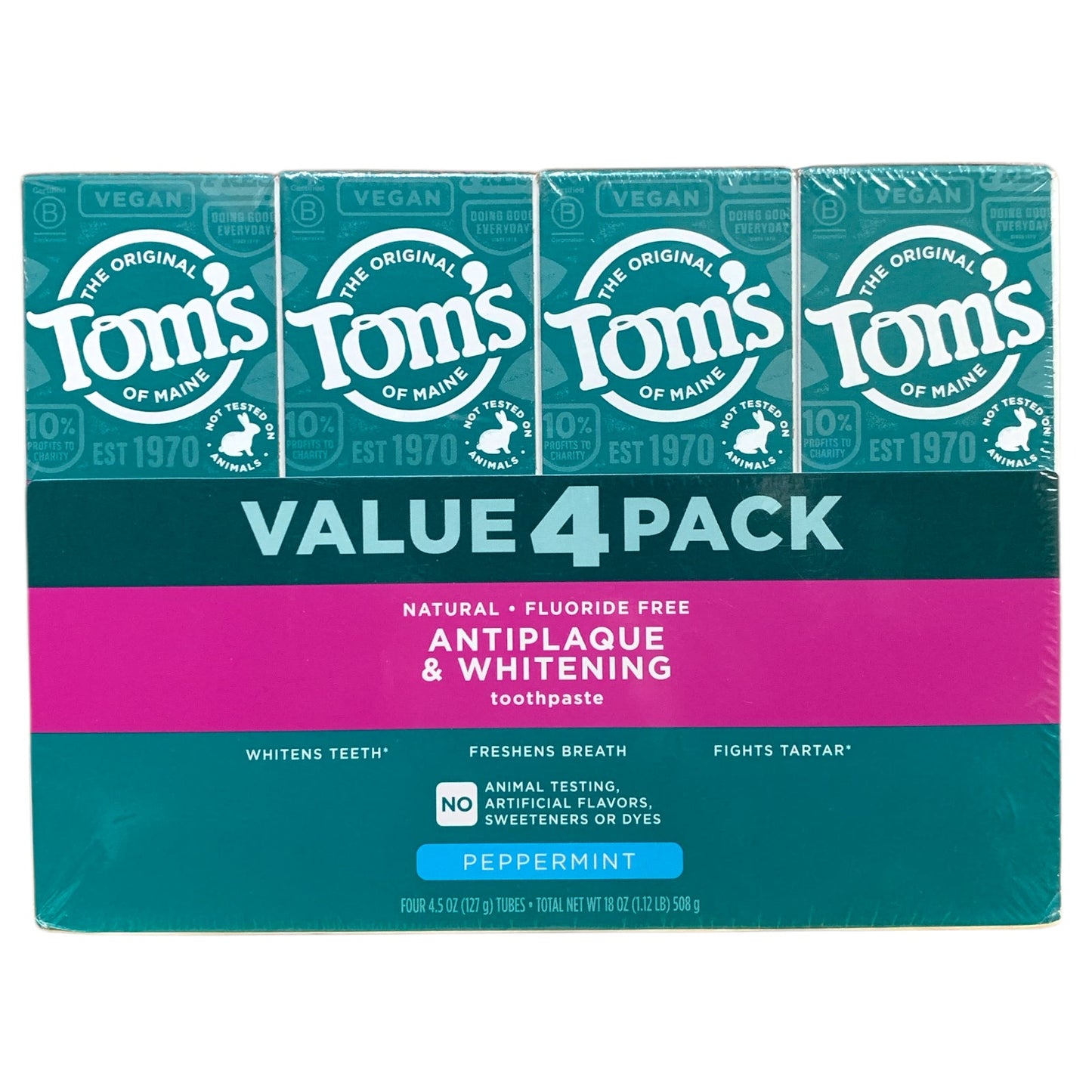 Tom's of Maine Natural Fluoride Free Anti-Plaque & Whitening Toothpaste, 4 Pack