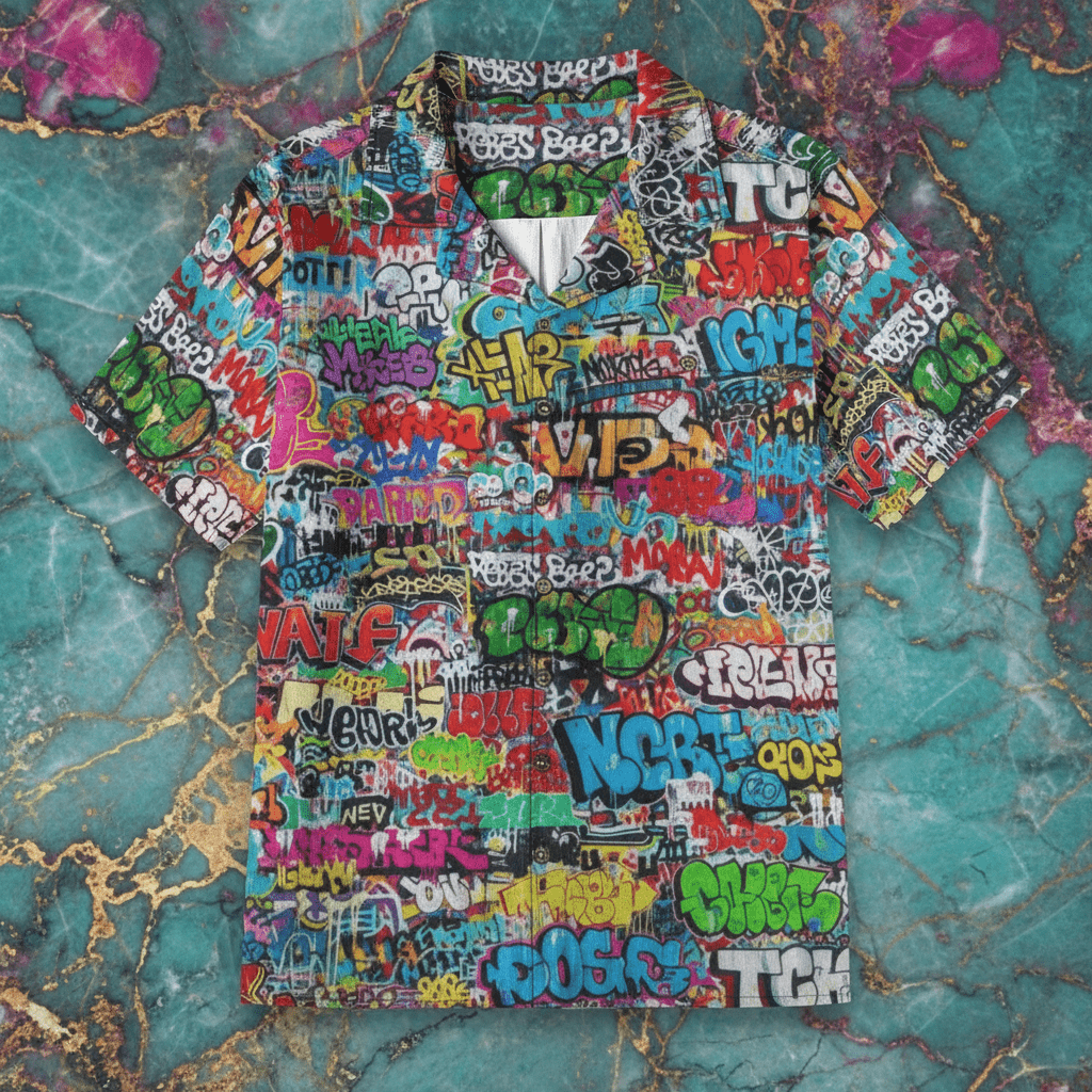 Classic Graffiti AOP Hawaiian Shirt for Summer Main Characters — 125gsm Antibacterial Cotton, Bamboo Texture Roman Collar