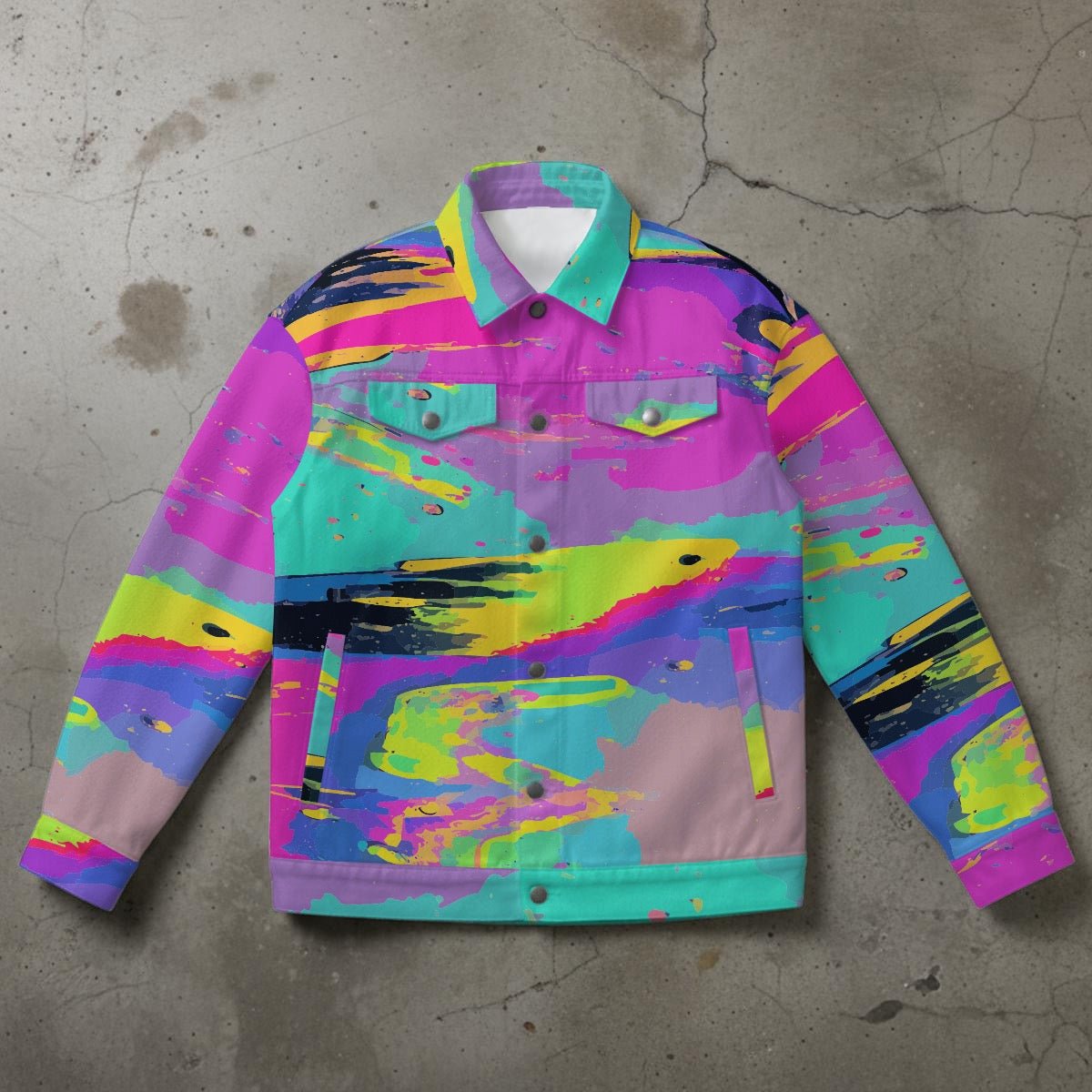 CMYK Smear Glitch Collared Jacket — Magenta & Cyan Paint-Streak AOP Statement Outerwear