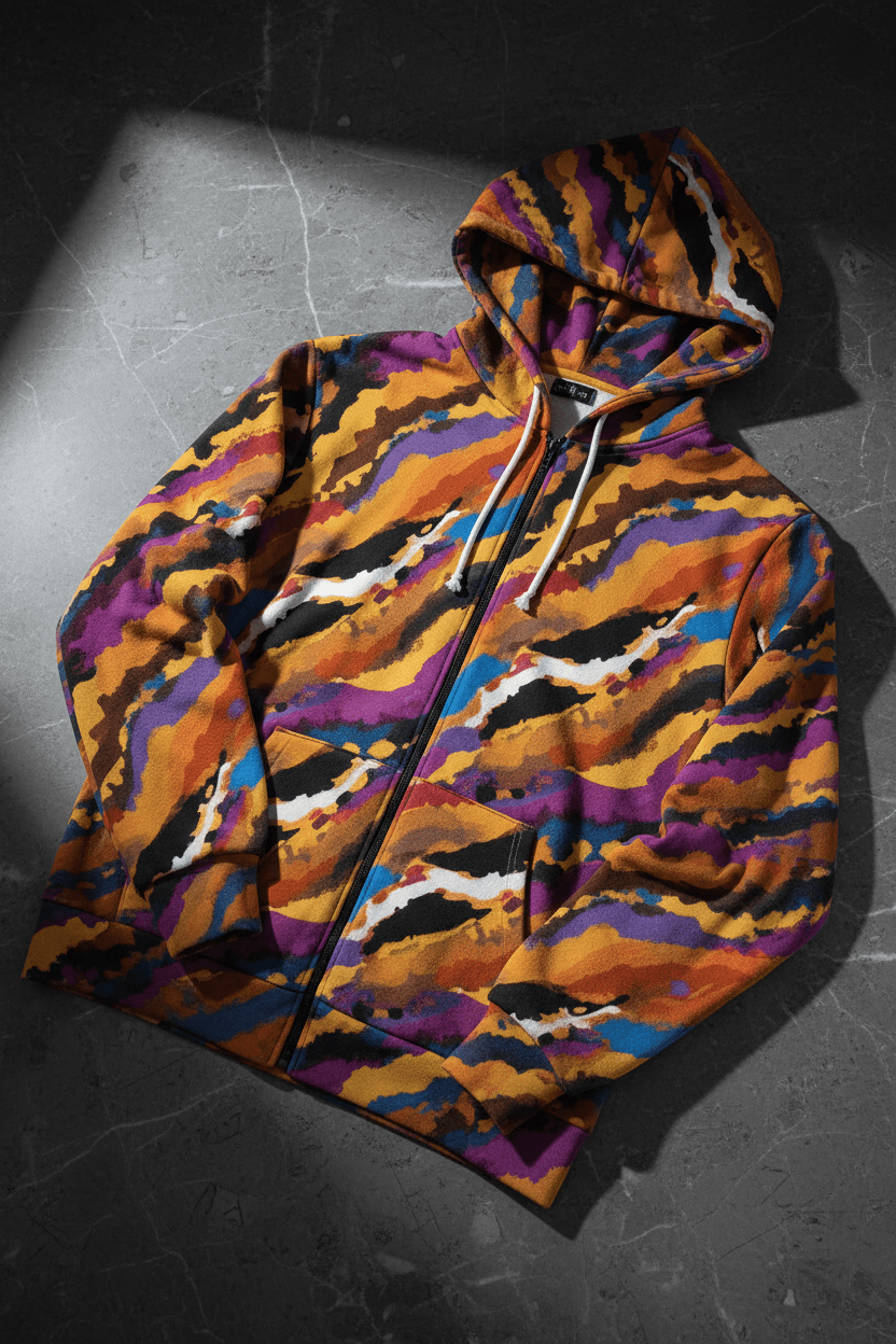Crisp Burn Painted Strata Zip Hoodie for Desert Rave Dressers — Sunset Wave AOP Brushed Fleece, Burnt Amber Magenta Electric Blue