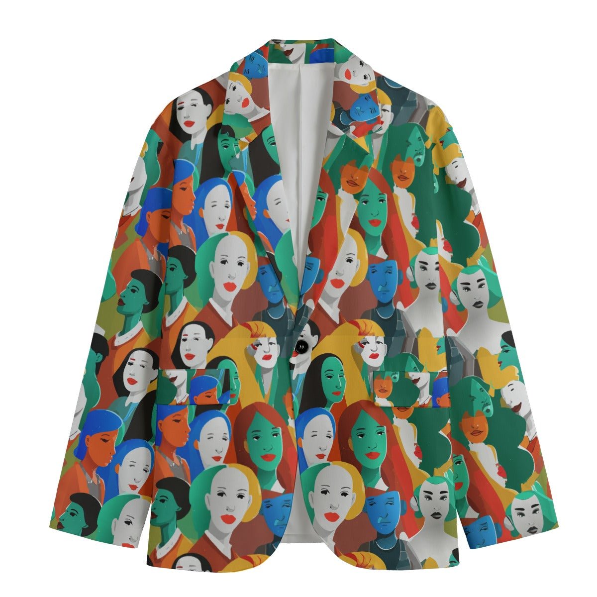 Crowd of Faces AOP Blazer — Surreal Portrait Collage Flat Lapel Suit Jacket for Gallery-Night Rebels