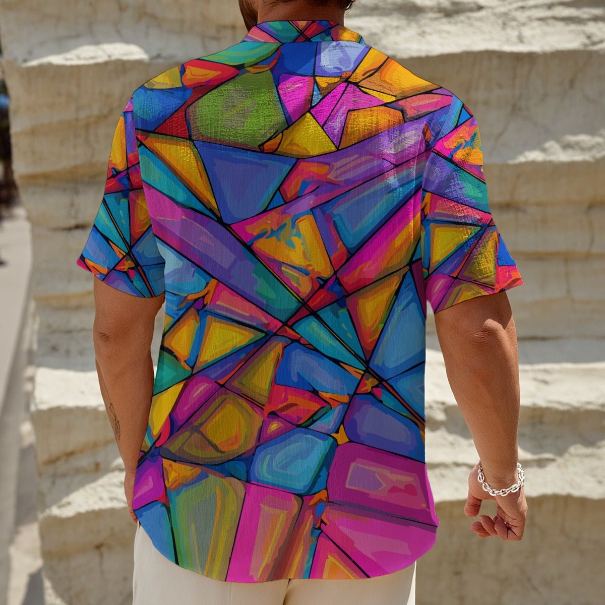 Cubist Stained Glass Henley Polo — Vivid Mosaic AOP Bamboo-Feel Summer Shirt for Art-Forward Dressers