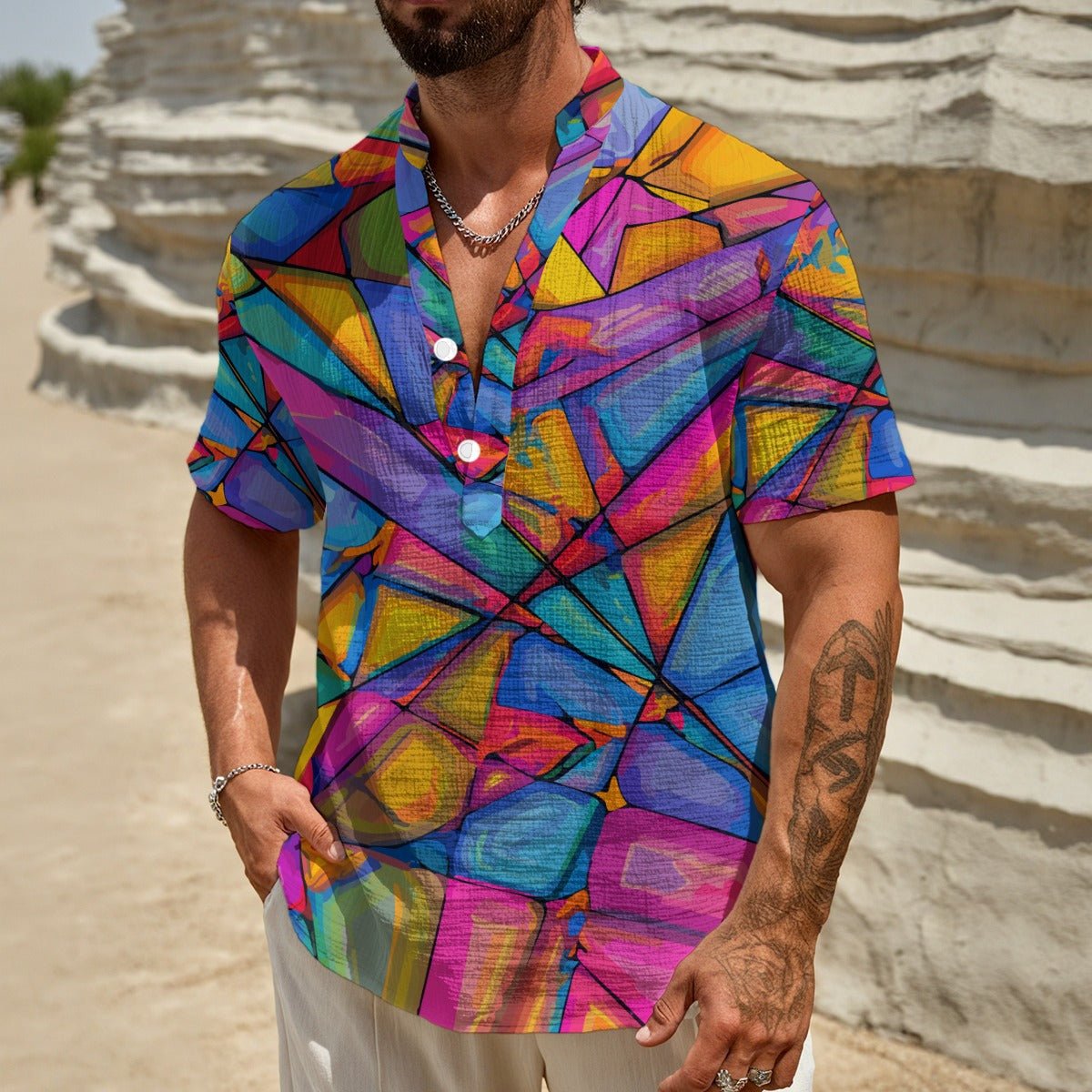 Cubist Stained Glass Henley Polo — Vivid Mosaic AOP Bamboo-Feel Summer Shirt for Art-Forward Dressers