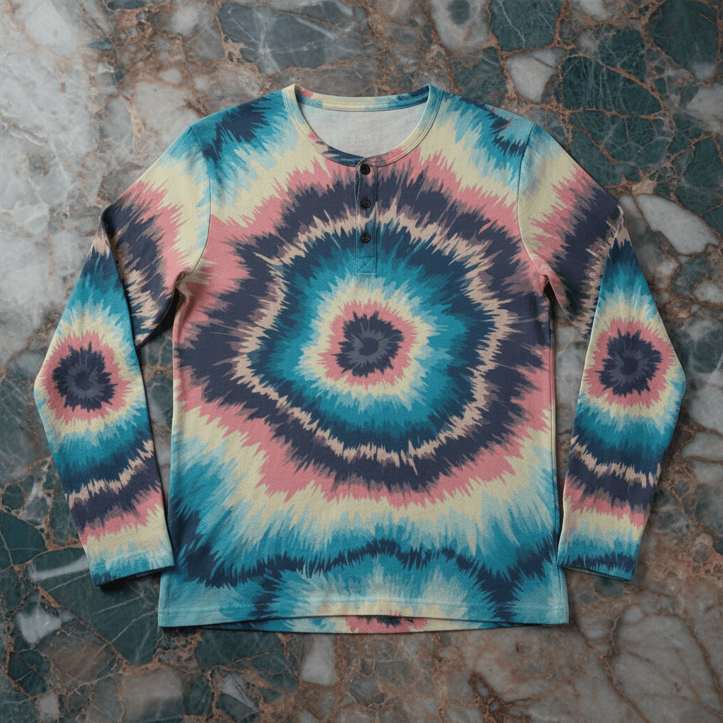 Cyber-Marble Liquid Glitch Henley for Cyberpunk Streetwear Collectors — Deep Swirl AOP Long Sleeve, 280gsm Polyester-Spandex