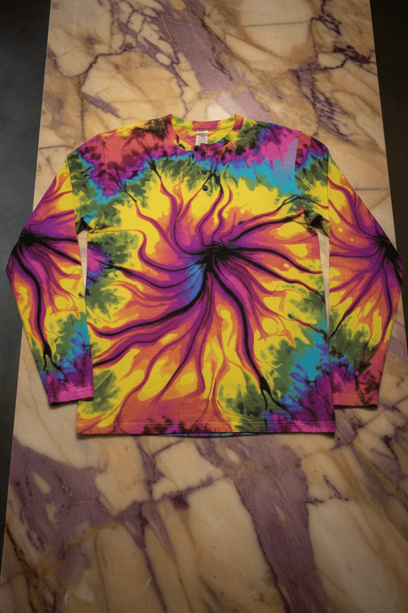 Cyber-Marble Liquid Glitch Long Sleeve Henley — Maximalist AOP Streetwear Top, 280gsm Polyester-Spandex, Glitchcore Digital Marble Print