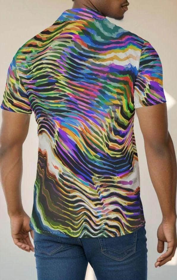 Ethereal Zebra Psychedelic Button-Up for Creative Professionals — Wave AOP Short Sleeve Maximalist Shirt, Festival Business Casual Crossover