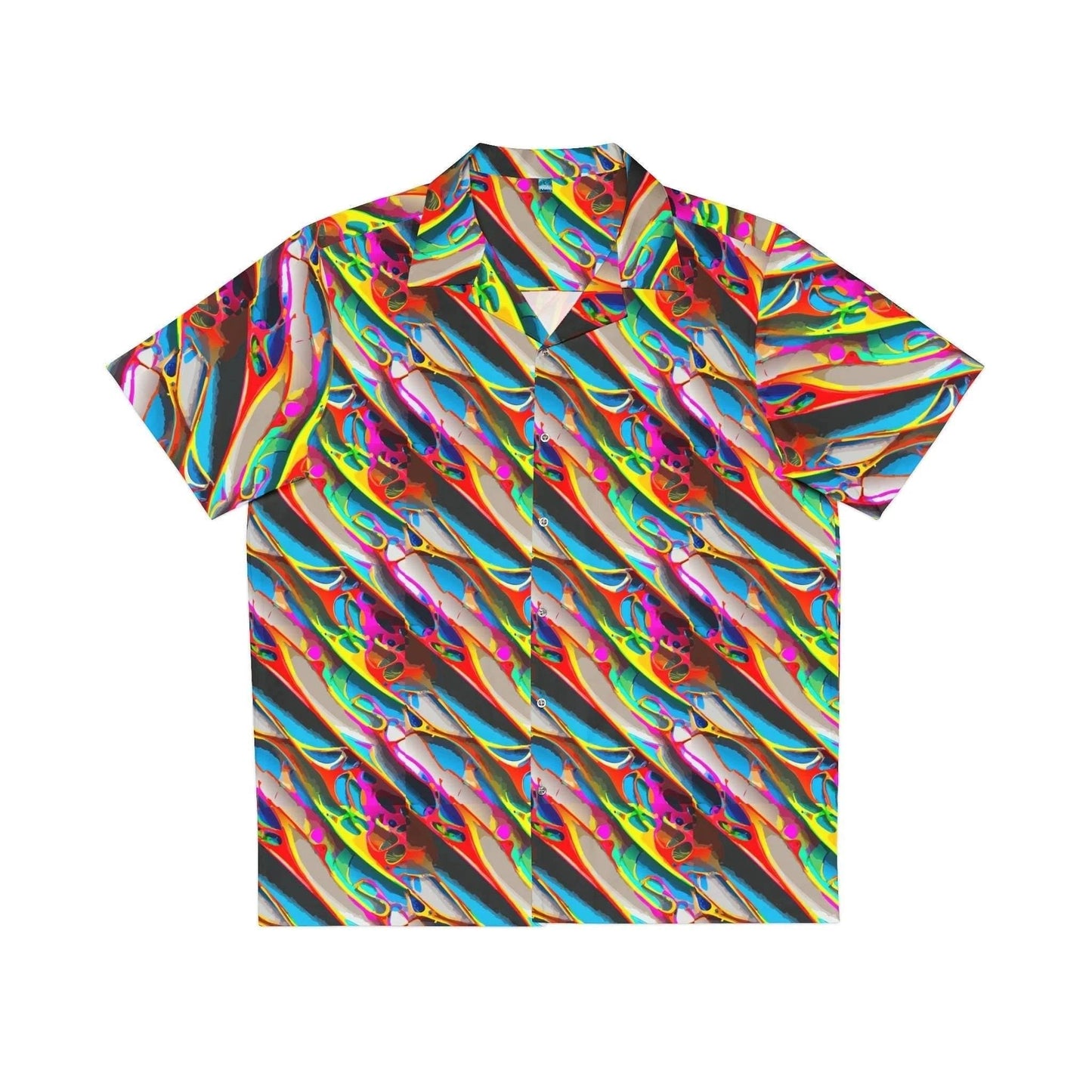 Prismatic Crimson Wave Hawaiian Shirt for High-Energy Festival Dressers — Bold AOP Aloha Button-Up, Summer Beach Statement Top, Maximalist Party Shirt