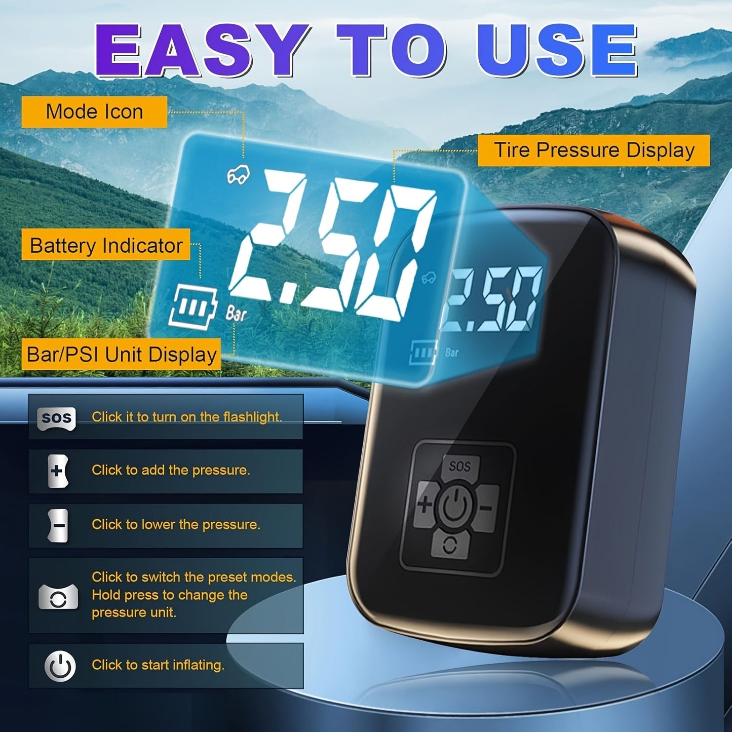 Portable Tire Inflator for Cars- HMT12M4