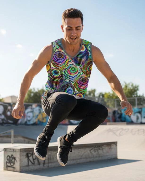Glitchcore Jersey for Digital Maximalists — AI Art AOP Basketball Tank, Moisture-Wicking Festival Activewear, Neon Digital Streetwear, Rave Uniform