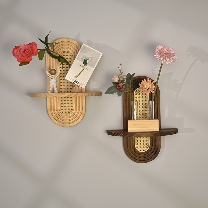 Rustic Wooden Wall-Mounted Shelf with Hooks - UIG9