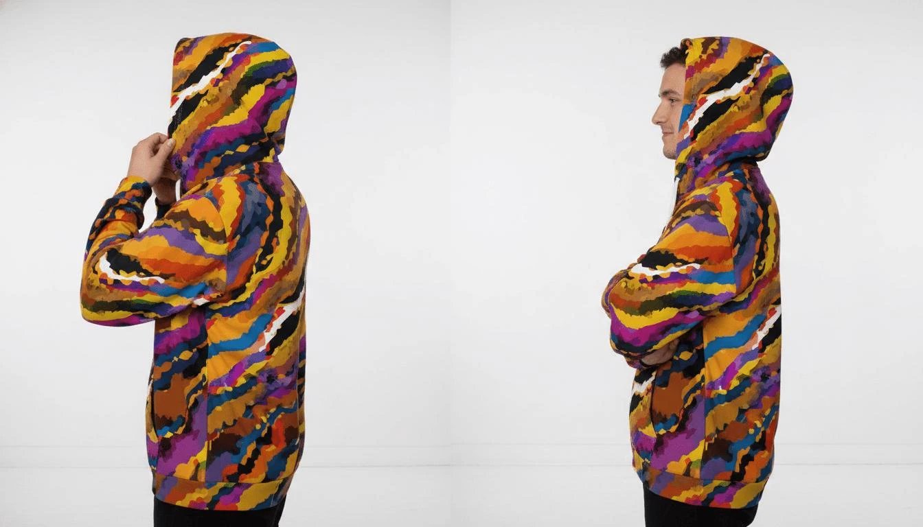 Crisp Burn Painted Strata Zip Hoodie for Desert Rave Dressers — Sunset Wave AOP Brushed Fleece, Burnt Amber Magenta Electric Blue