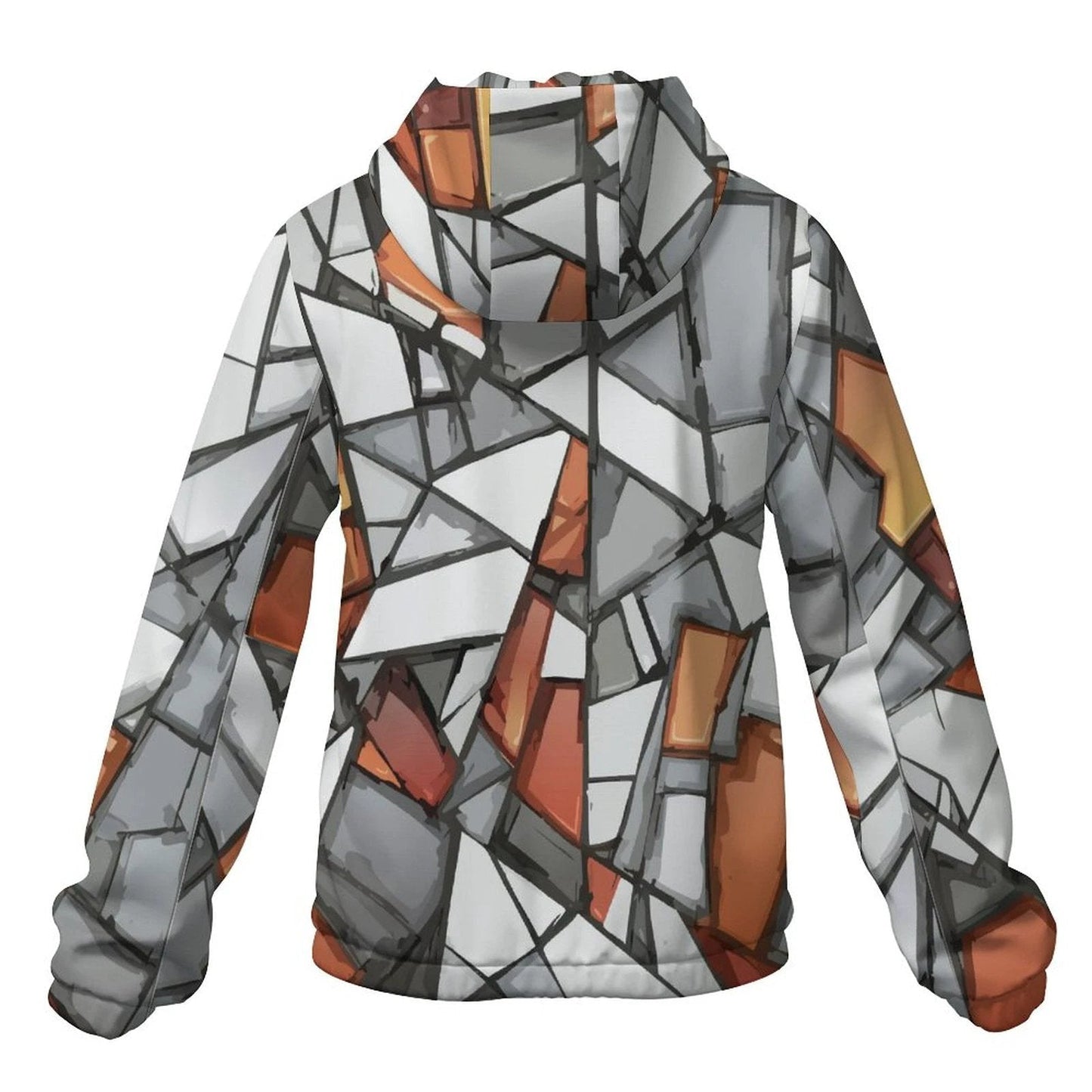 Shattered Mosaic Hooded Trench Coat — Stone & Amber Stained-Glass AOP Short Rain Layer for Urban Rebels