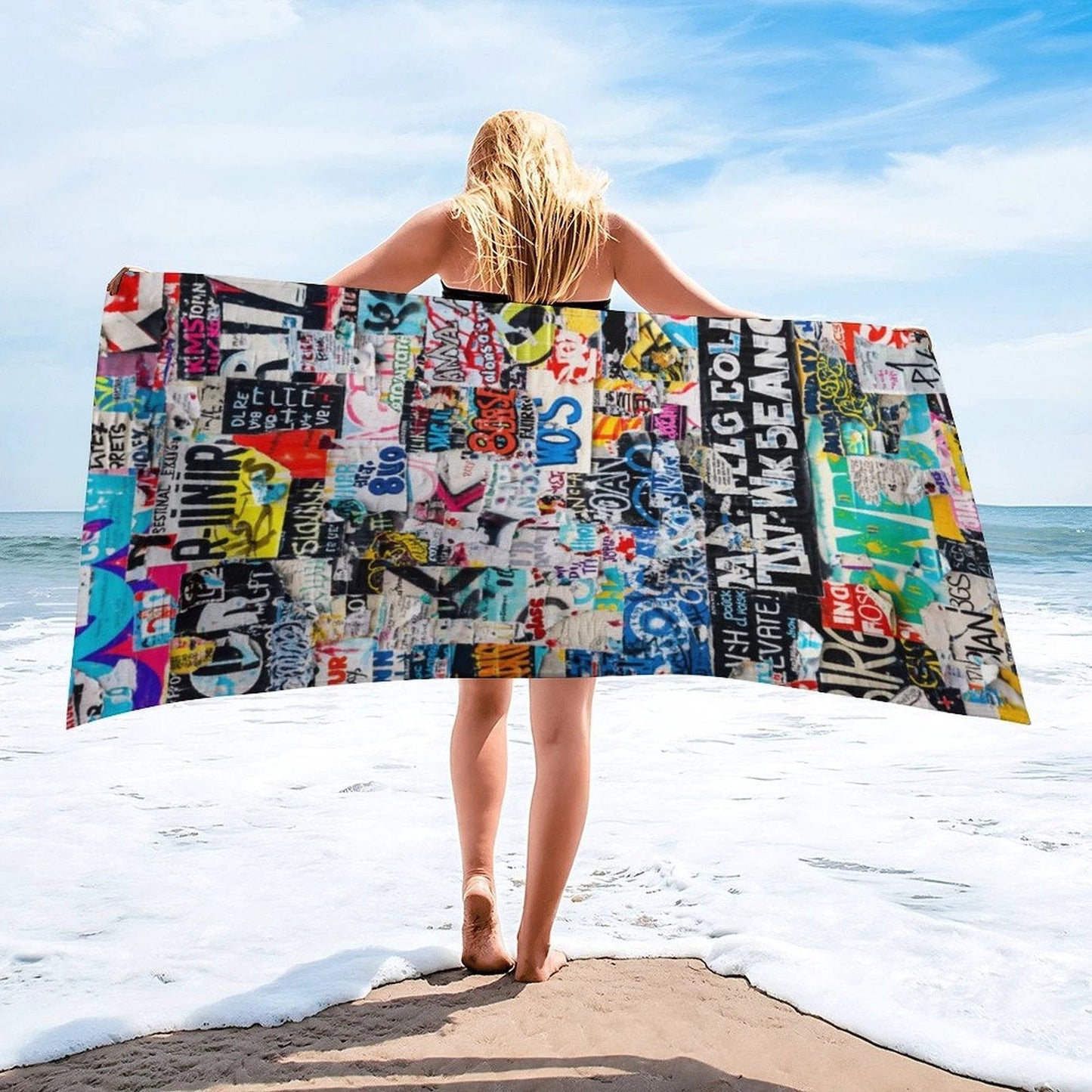 StreetsmART Sticker Bomb AOP Microfiber Beach Towel | 61"×30" Oversized Quick-Dry Festival Pool Towel — Urban Collage Maximalist Sublimation Print
