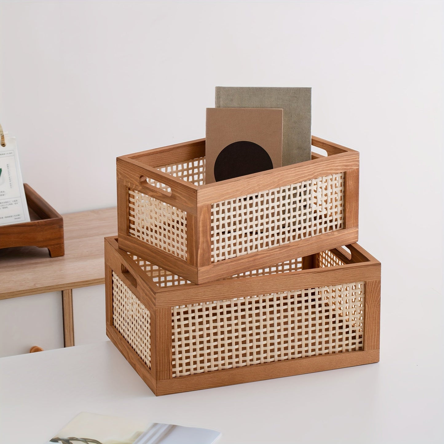 Boho Style Rattan Wooden Storage Basket - HH9L