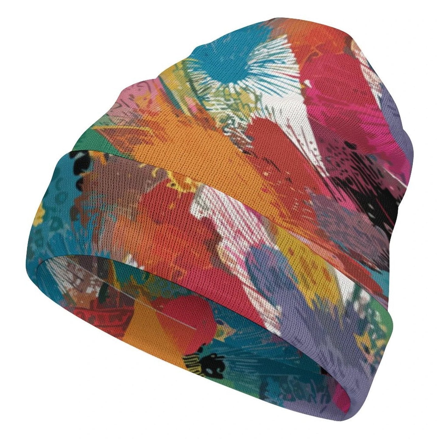 Paint Smear Knit Beanie — Crimson & Teal Brushstroke AOP Winter Hat, Loud Cold-Weather Accessory