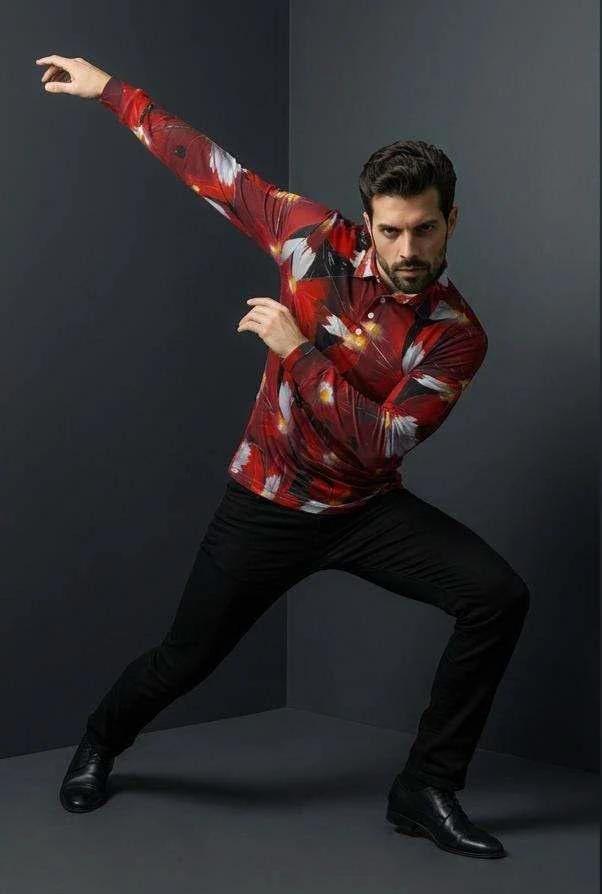 Artsy Floral AOP Men's Long Sleeve Polo | 220gsm Painterly Botanical Print Polished Maximalist Workwear for Hospitality