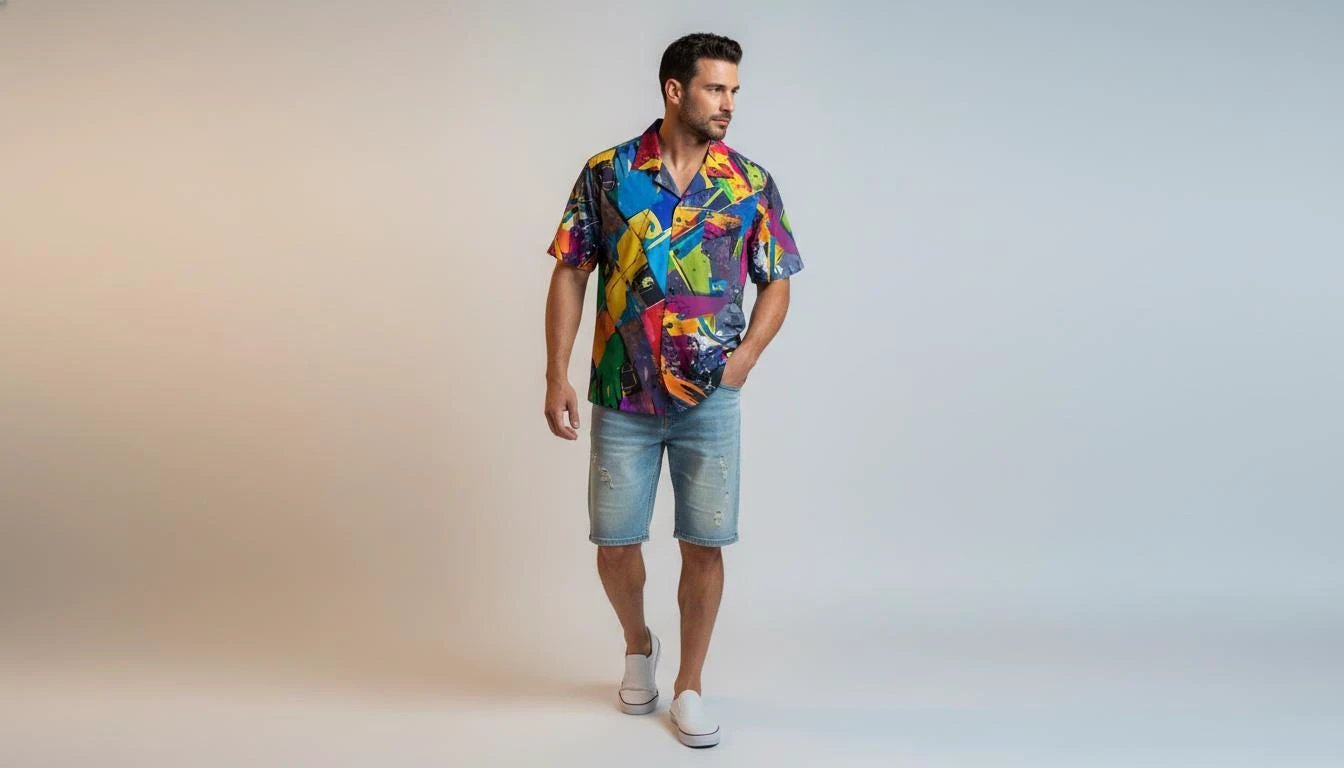 Trippy Tropics Vaporwave Hawaiian Shirt - Vibrational Vector AOP Button-Up for Cyber-Vacation & Festivals