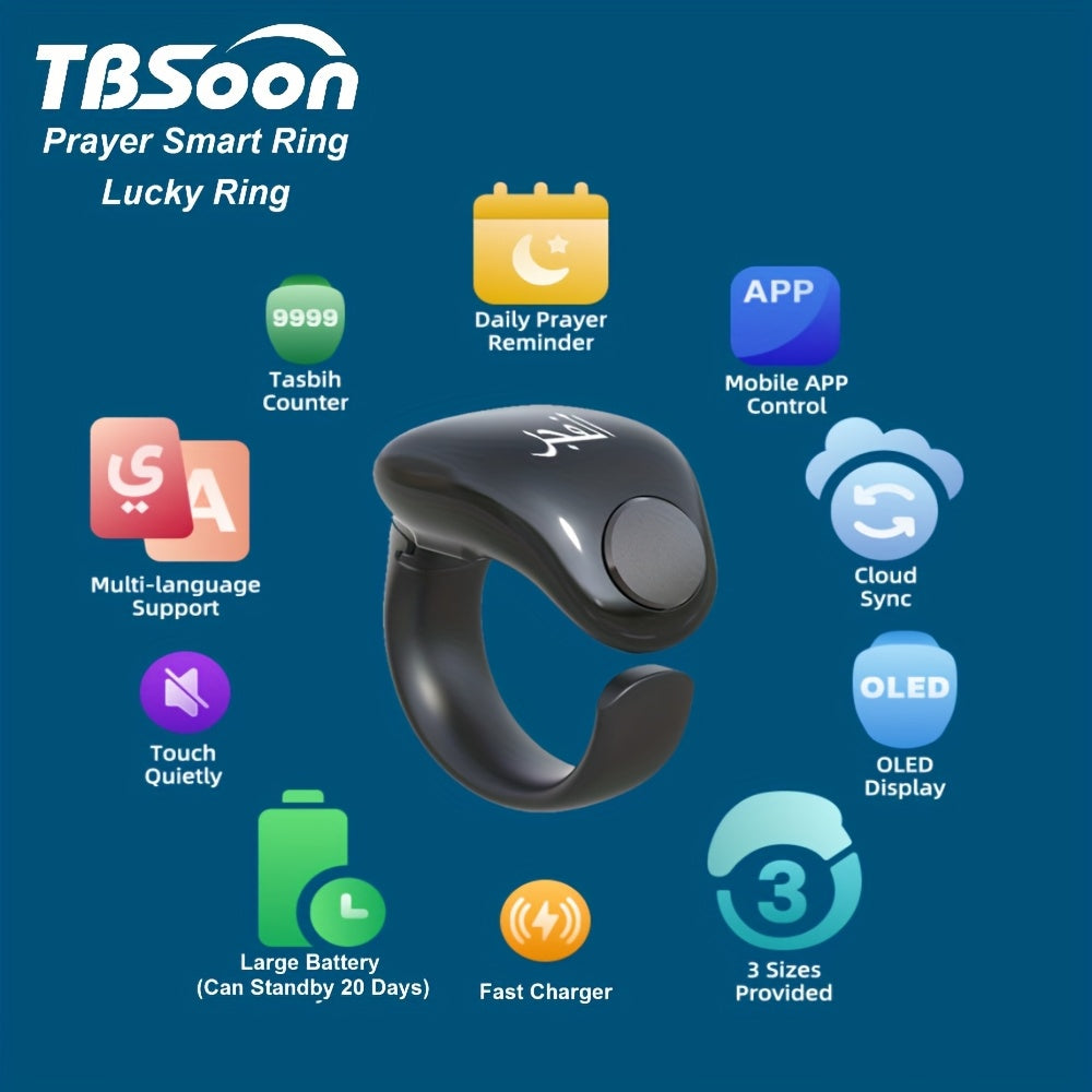 TBSoon iQIBLA Zikr Smart Prayer Ring with OLED Display TJR2K5Z