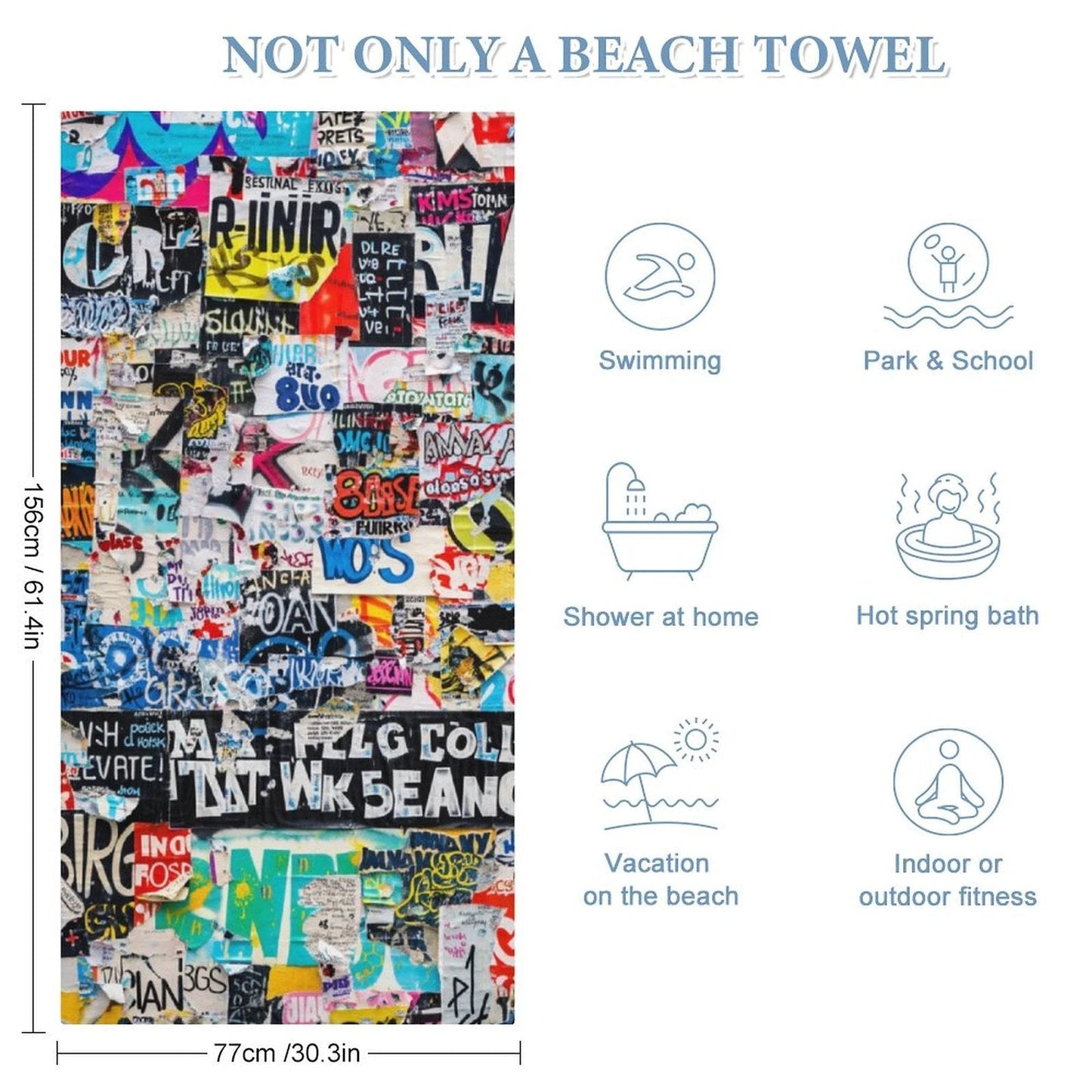 StreetsmART Sticker Bomb AOP Microfiber Beach Towel | 61"×30" Oversized Quick-Dry Festival Pool Towel — Urban Collage Maximalist Sublimation Print