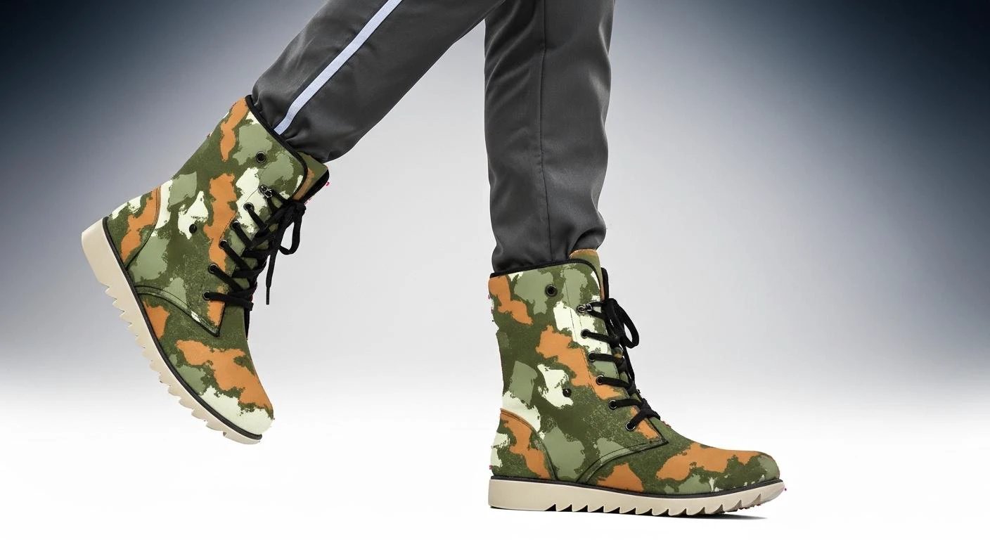 Glitch Camo Combat Boots for Urban Explorers — Concrete Jungle AOP Martin-Style Boots, Plush-Lined Winter Footwear, Alt Fashion, Men's Wearable Art