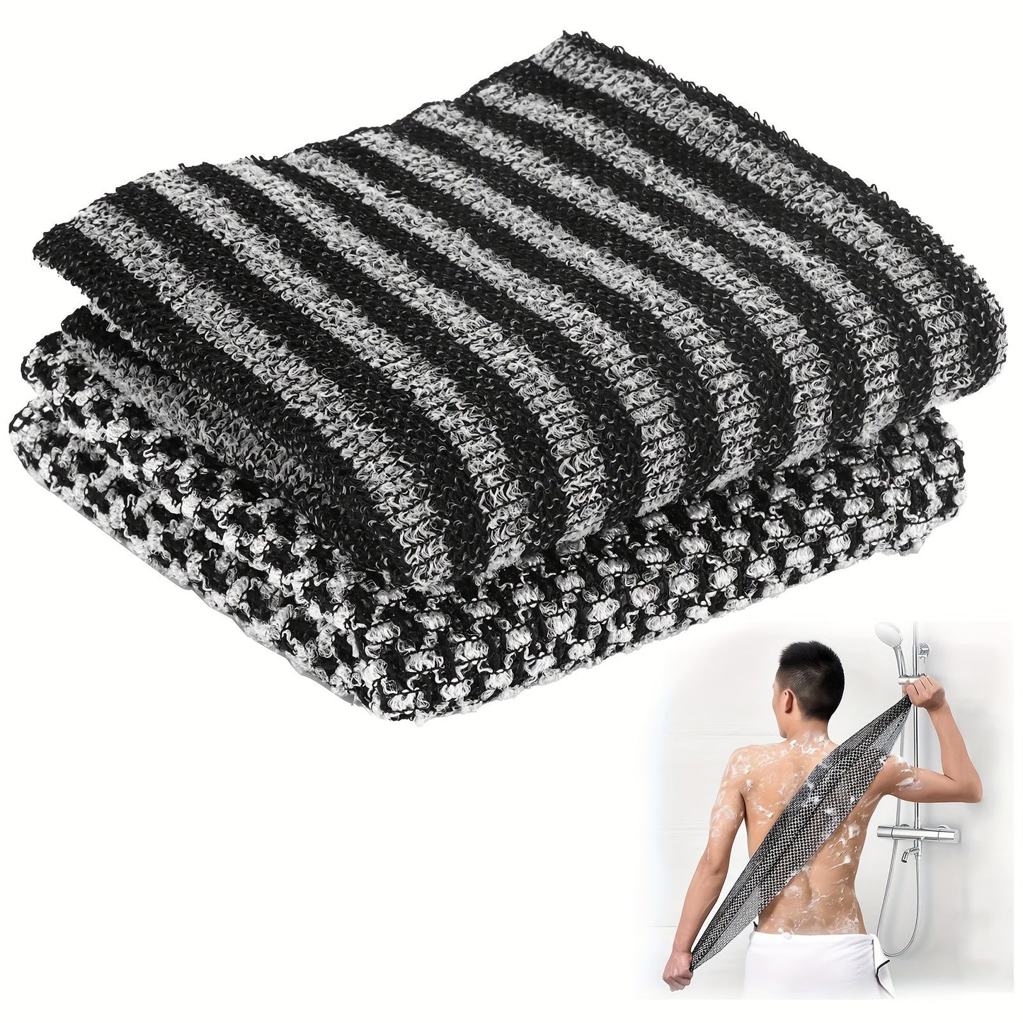 2pcs Double Side Exfoliating Body Scrub Back Scrubber, Bath Wash Towel Loofah Towel with Strap