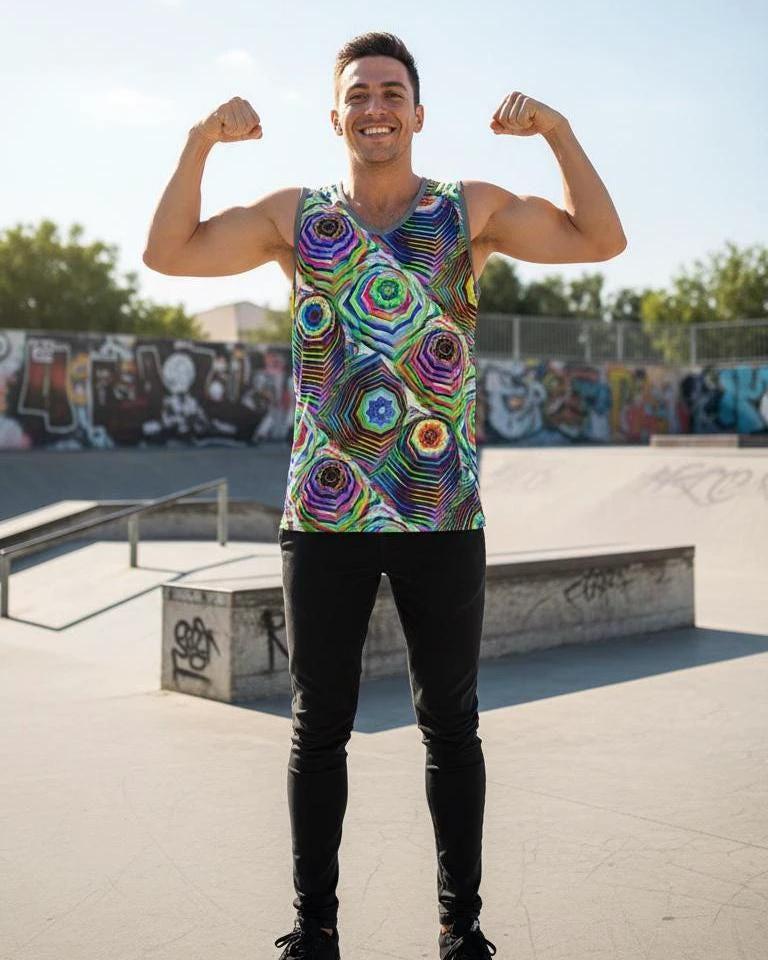 Glitchcore Jersey for Digital Maximalists — AI Art AOP Basketball Tank, Moisture-Wicking Festival Activewear, Neon Digital Streetwear, Rave Uniform