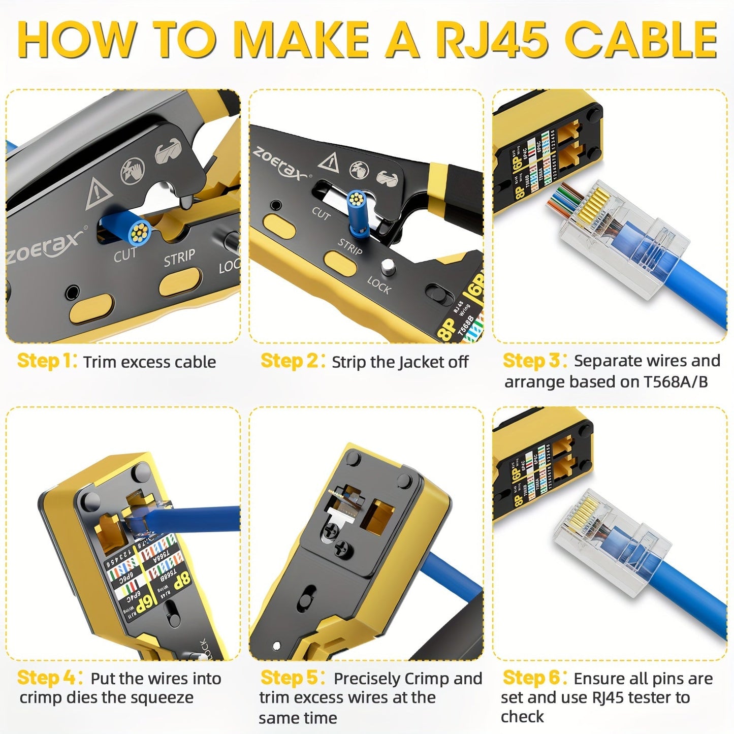 RJ45 Crimp Tool, Pass-Through Cutter for Ethernet TJR2V7L