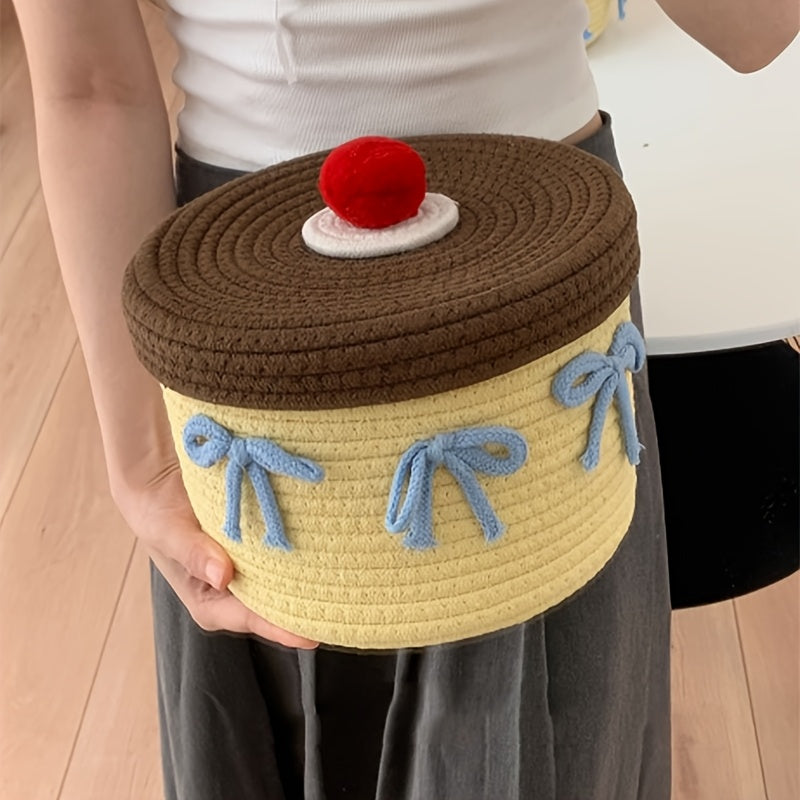 Hand Woven Round Yellow Cute Thread Woven Storage Basket - DIVH