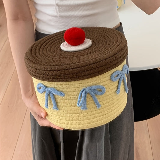 Hand Woven Round Yellow Cute Thread Woven Storage Basket - DIVH