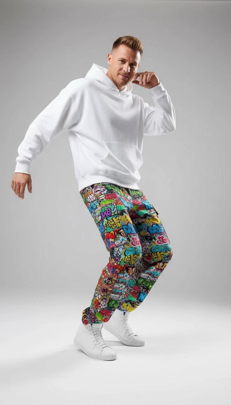 Graffiti AOP Cargo Pants for Urban Explorers — Abstract Splatter Utility Trousers, Cybercore Streetwear Bottoms, Festival Rave Pants