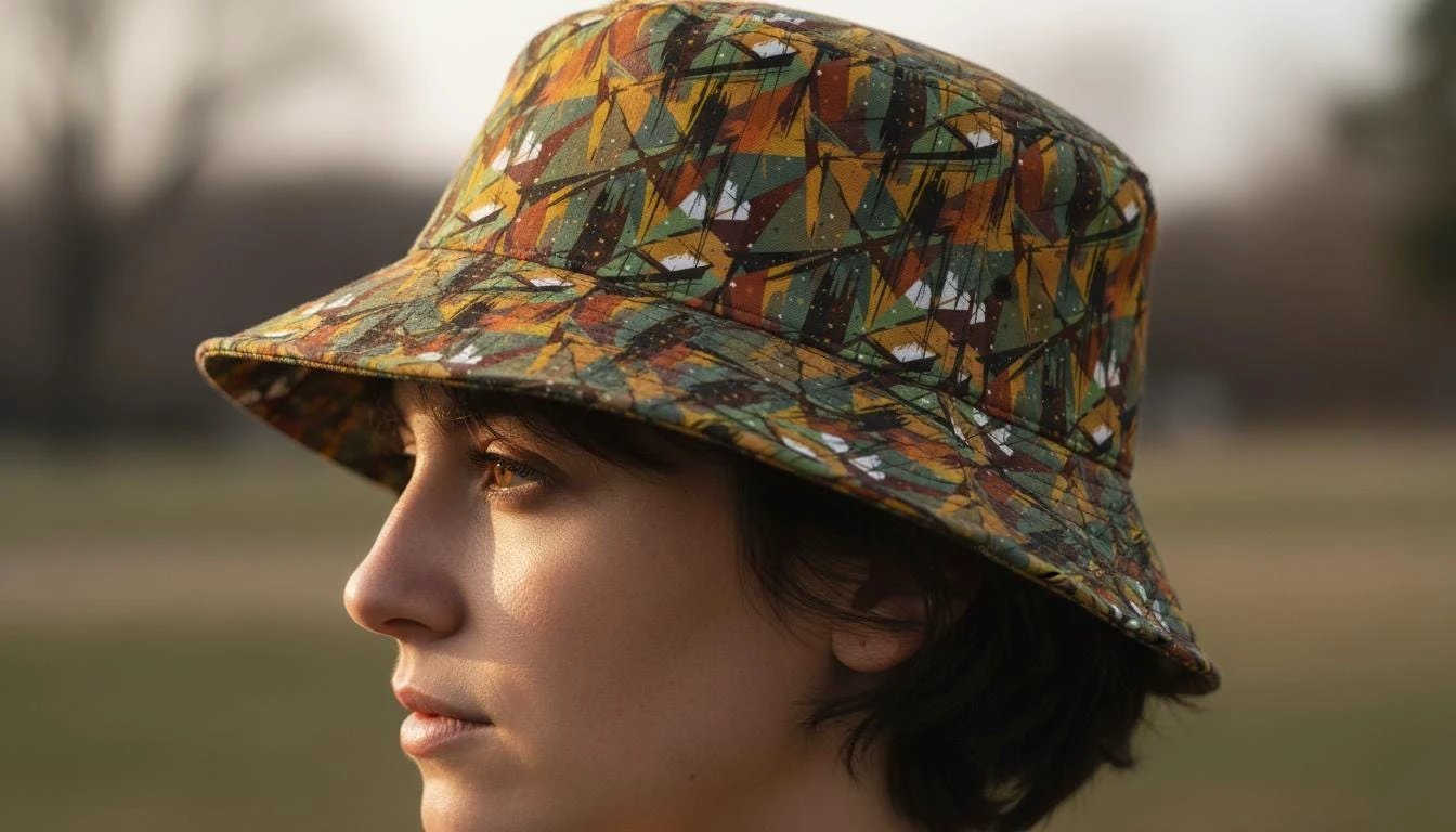 Nature Calls Abstract Leaf AOP Bucket Hat for Gorpcore Outdoor Dressers — Earthy Autumn Primal Prints Sun Hat, Hiking Camping Festival Headwear
