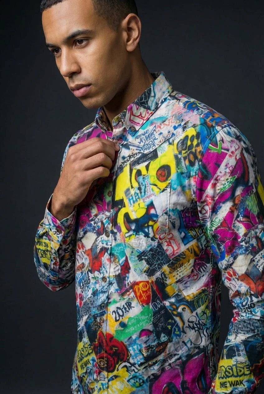 Graffiti Print Cotton Poplin Shirt for Creative Directors and Urban Stylists — Antibacterial AOP Designer Workwear, Smart-Casual Street Art Statement