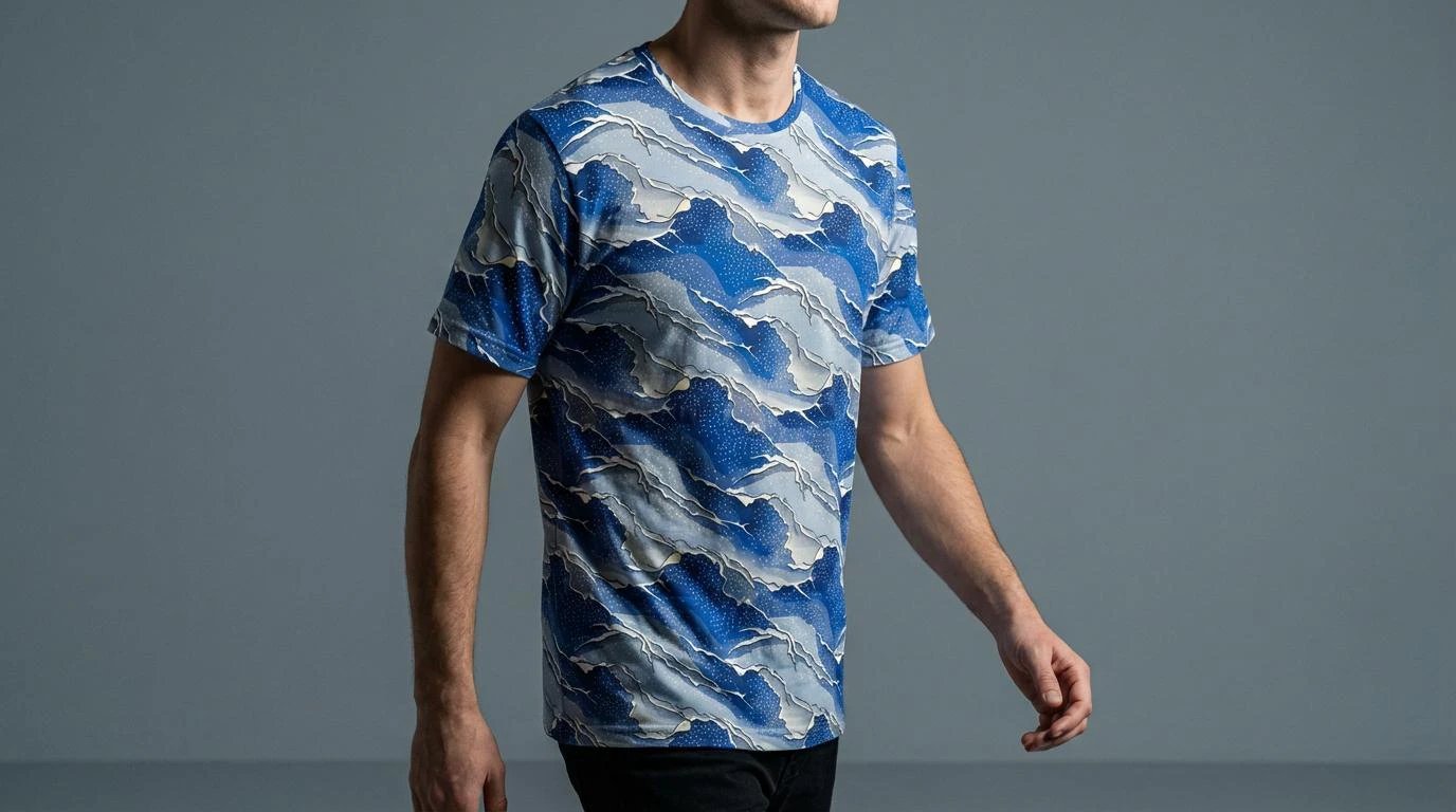Seigaiha Wave AOP T-Shirt | Blue Geometric Pattern 140g