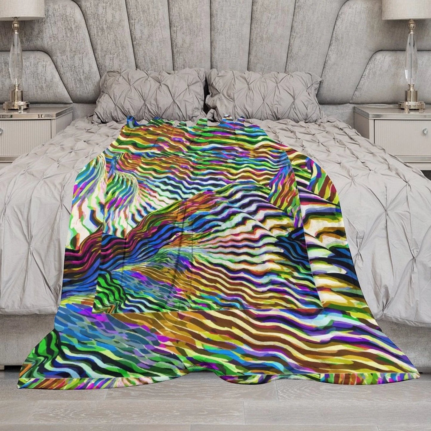 Lightning Complex AOP Flannel Throw Blanket 30"×40" | Psychedelic Ribbon-Wave Maximalist Couch Blanket (280gsm, Dual-Sided Print)