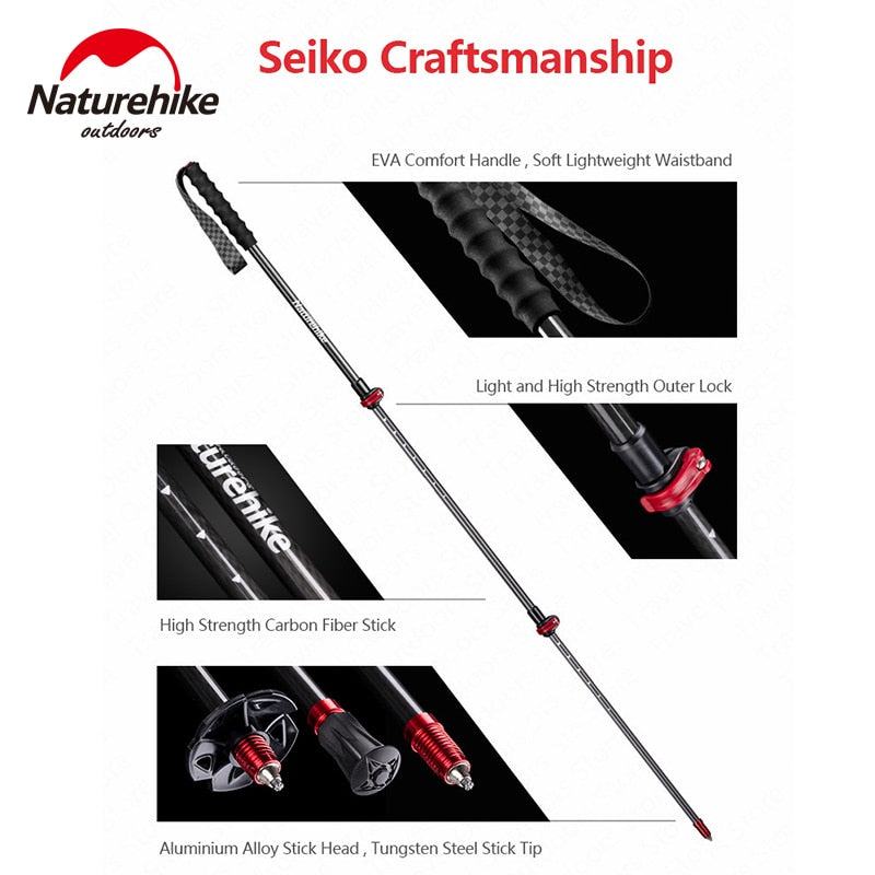 Naturehike ST10 Pure Carbon Fiber Trekking Pole Portable Ultralight 3-Section Telescopic External Lock Cane Rod Sticks Hiking Walking Mountaineering