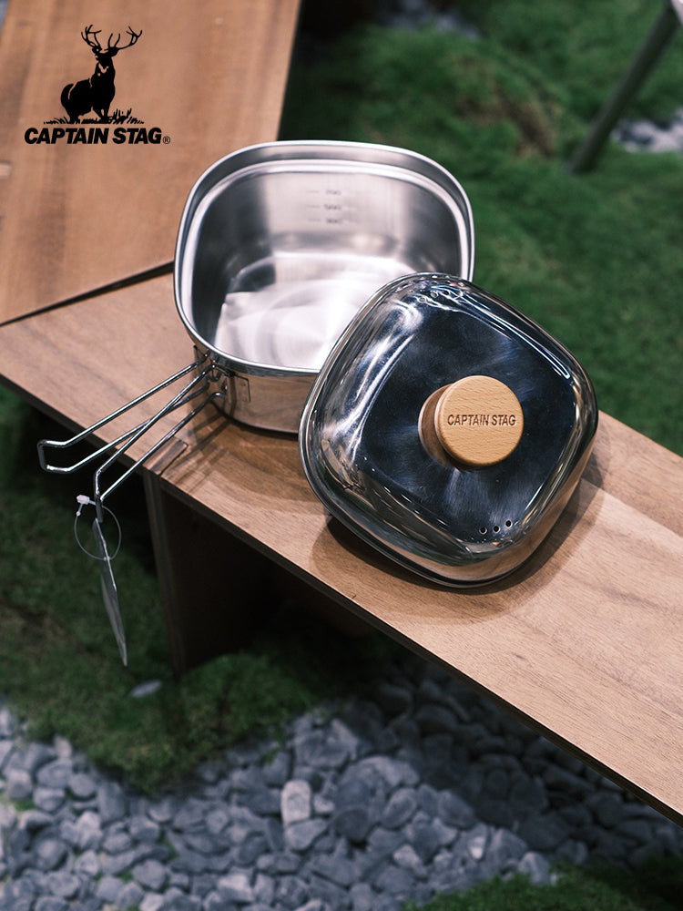 CAPTAIN STAG UH-4202 Square Pot With Lid Portable Foldable Lightweight 1.3L Stainless Steel Outdoor Camping Cookware Cooking Equipment Made in Japan