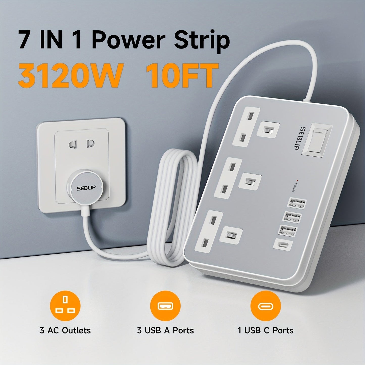 7in1 Flat Plug Power Strip- HMT17PP