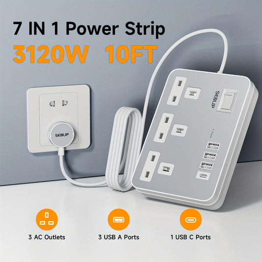 7in1 Flat Plug Power Strip- HMT17PP