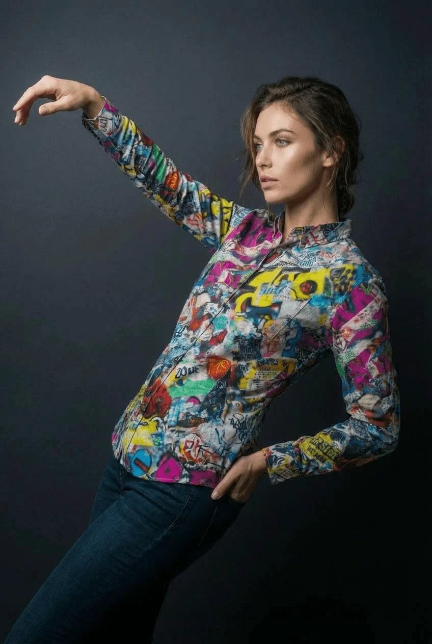 Graffiti Print Cotton Poplin Shirt for Creative Directors and Urban Stylists — Antibacterial AOP Designer Workwear, Smart-Casual Street Art Statement