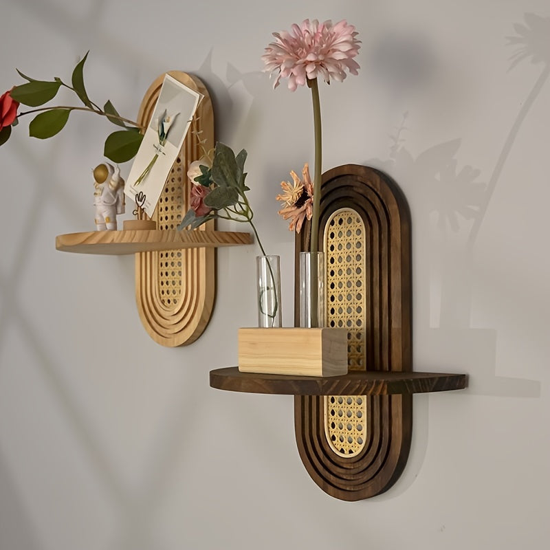 Rustic Wooden Wall-Mounted Shelf with Hooks - UIG9