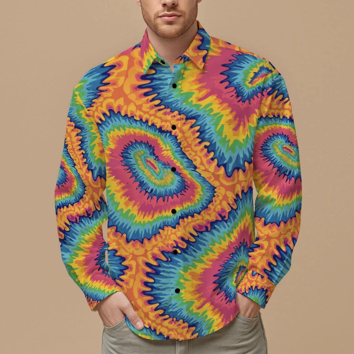 Psychedelic Rainbow Spiral Button-Up Shirt — Neon Tie-Dye AOP Long Sleeve