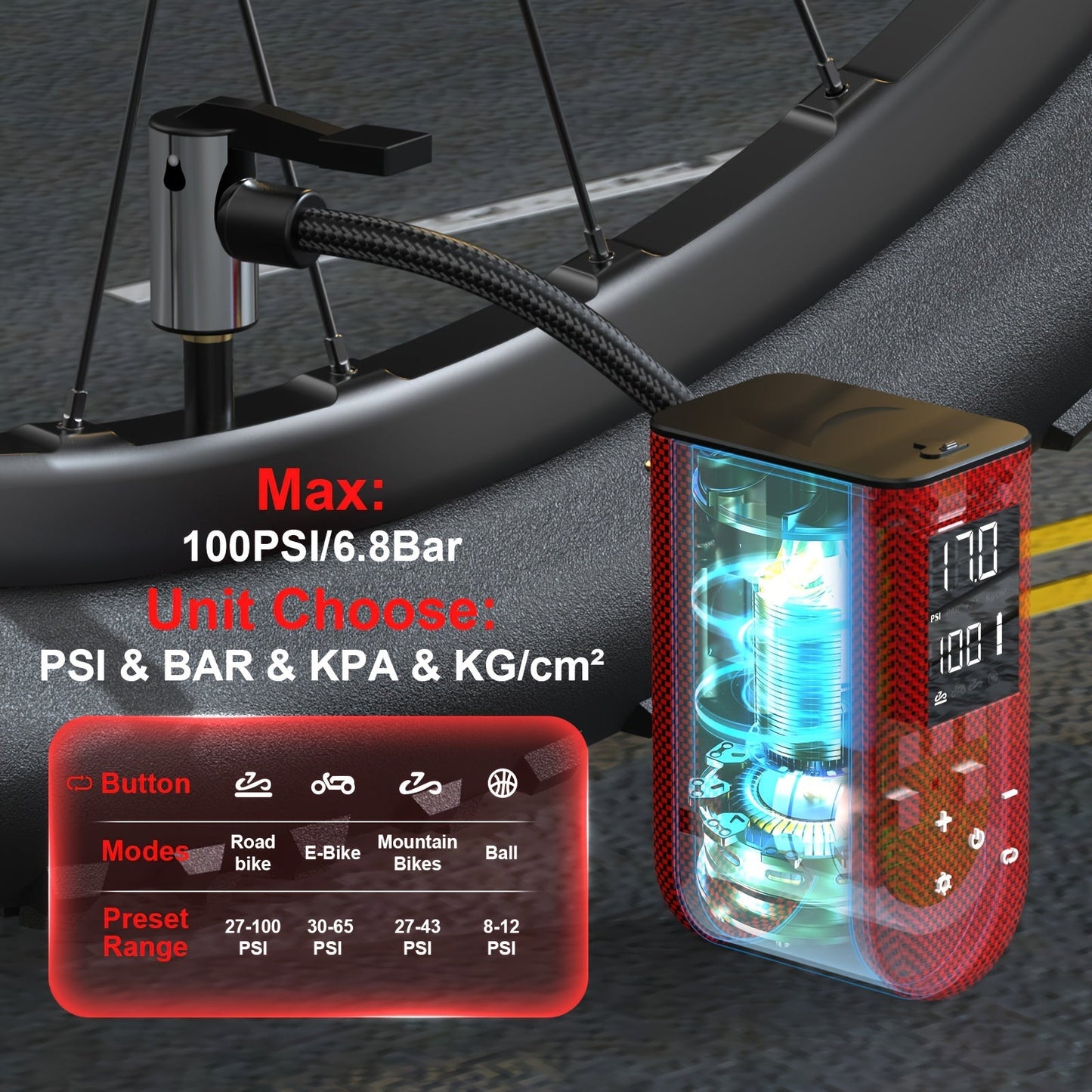 QCHMM Mini Electric Bicycle Pump, Digital LCD Pressure Gauge TJR3S9A