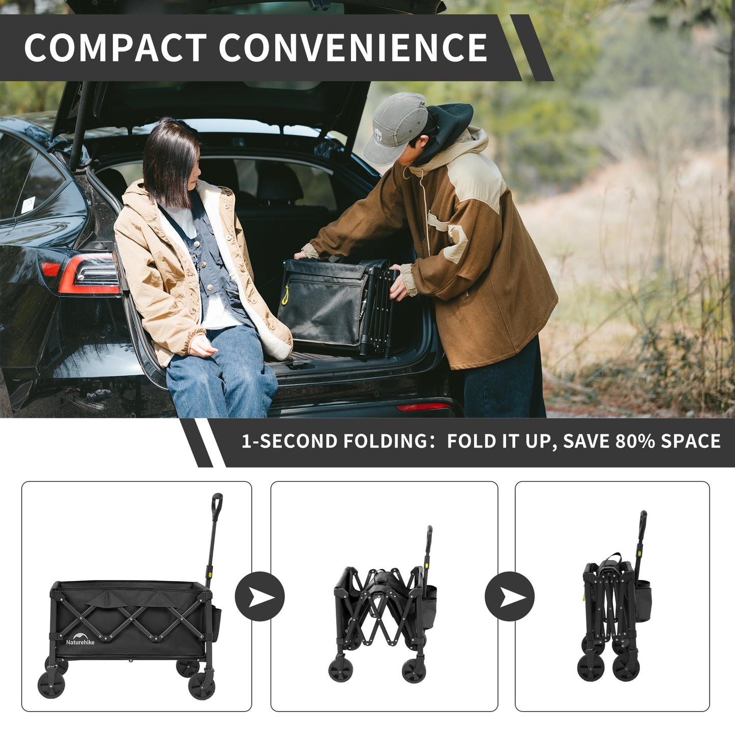 Naturehike Lightweight Camping Cart Portable Collapsible Large Capacity Wagon Cart 80 Liters Maximum 100 Liters Garden Outdoor Park Utility Beach Trolley