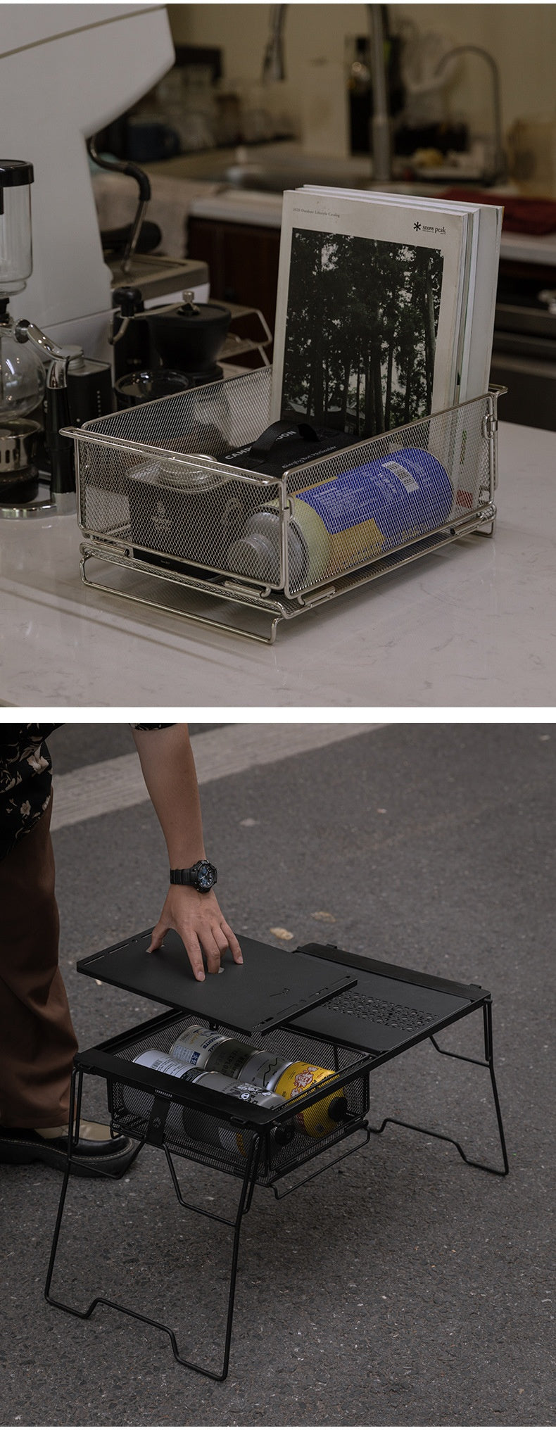 Campingmoon CK-24BK Folding Storage Basket IGT Compatible Tray Stackable Mesh Open Net Equipment 1-Unit IGT Table Accessories Add-on