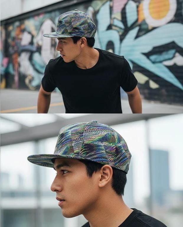 Main Character Flat Brim for Streetwear Collectors — Fractal Art AOP Snapback, Psychedelic Festival Cap, Alt Fashion Headwear, Moss Teal Ochre Print