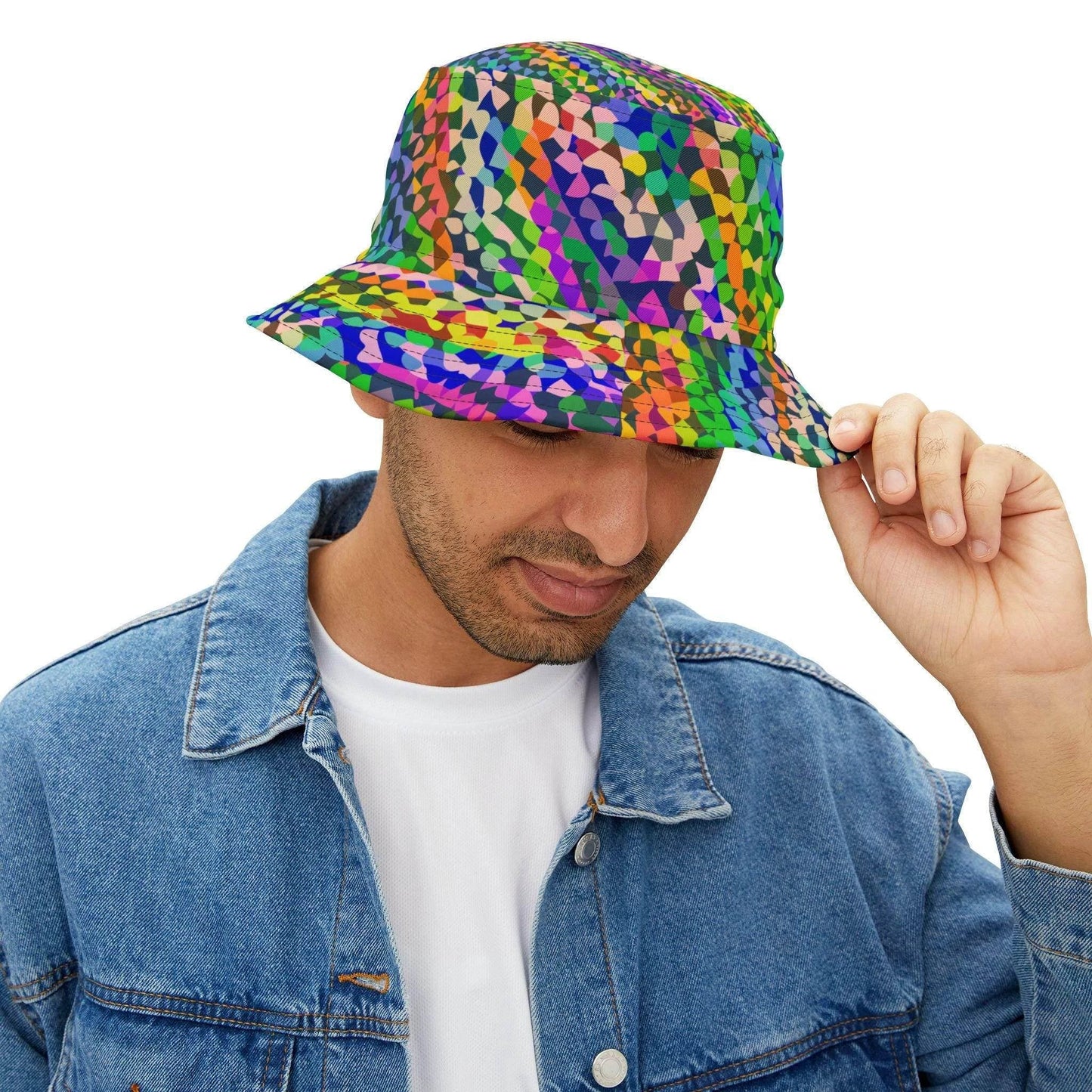 Kaleidoscope Psychedelic Rainbow Bucket Hat for Rave and Festival Dressers — Geometric AOP Sun Hat, Dance Party Trippy Headwear