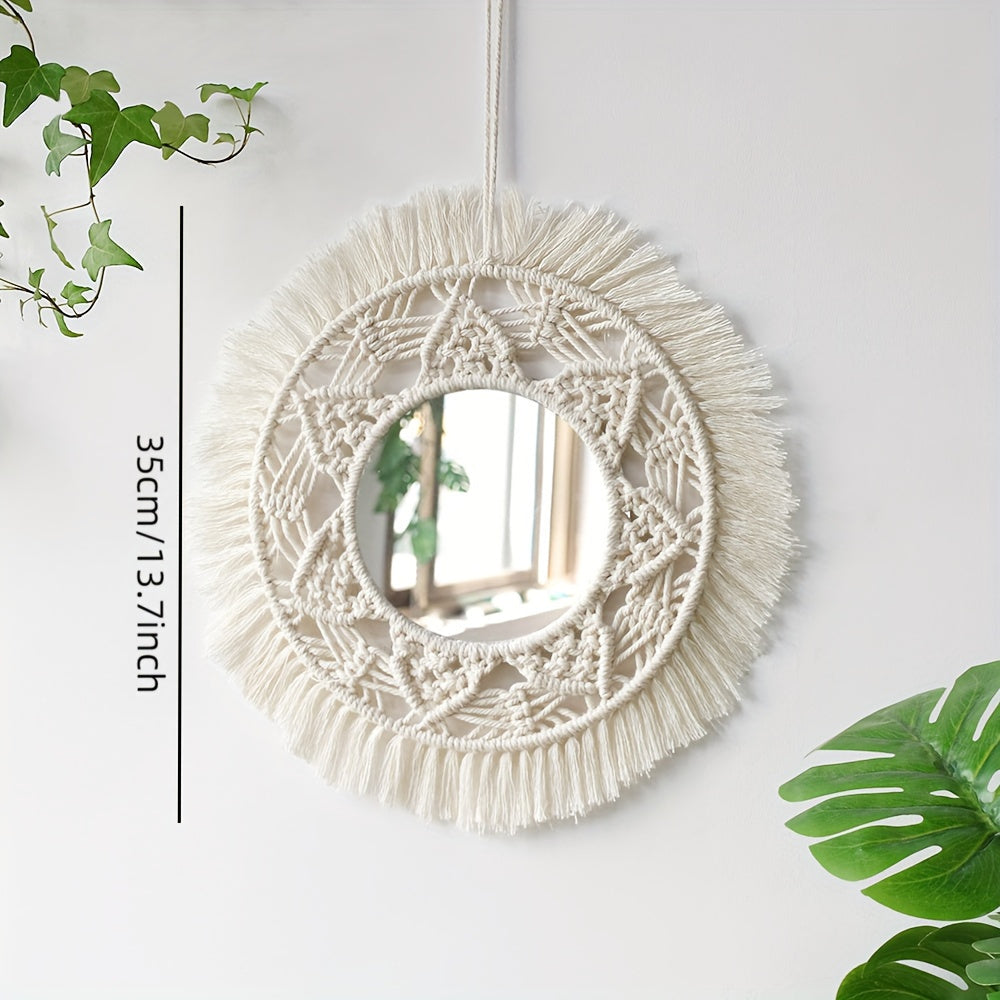 Boho Chic Round Wall Mirror with Macrame Fringe - P2FV