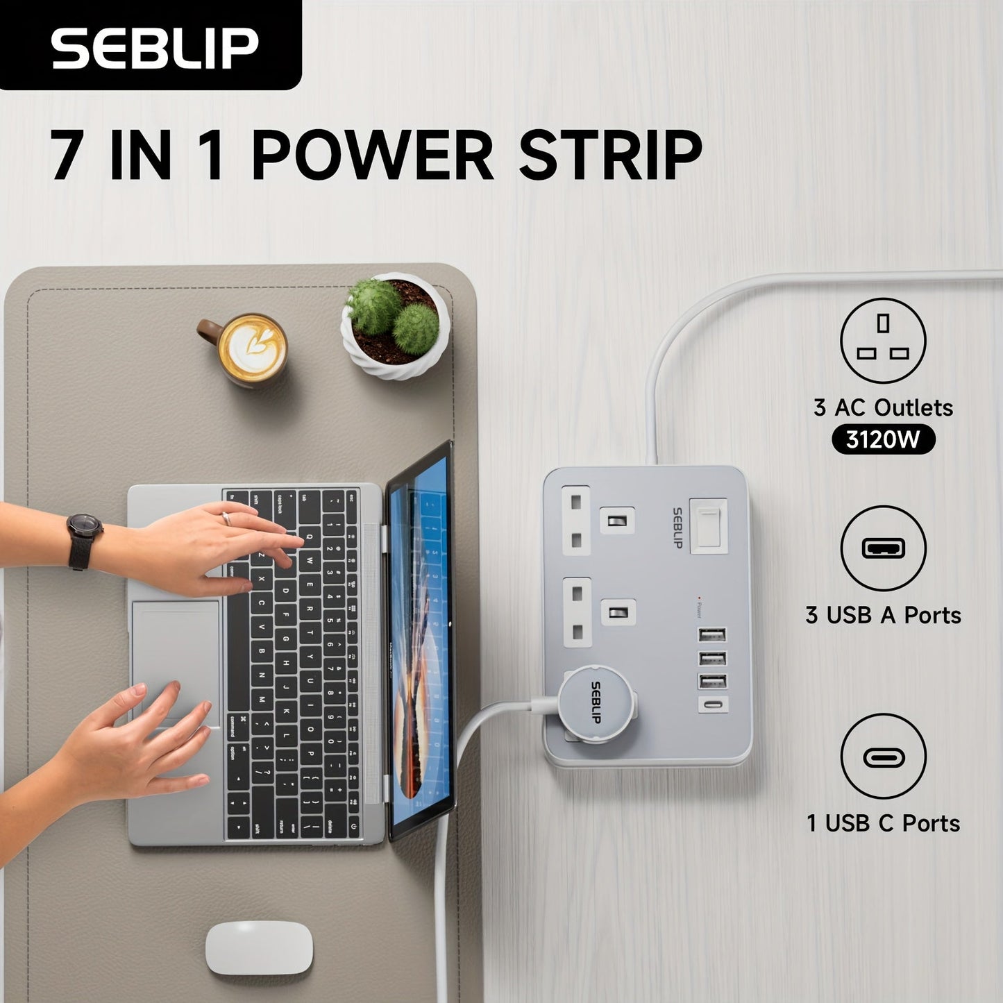 7in1 Flat Plug Power Strip- HMT17PP